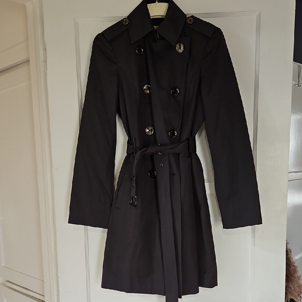 Elegant Dark Gray, Double-Breasted Women's Trench Coat- XS
